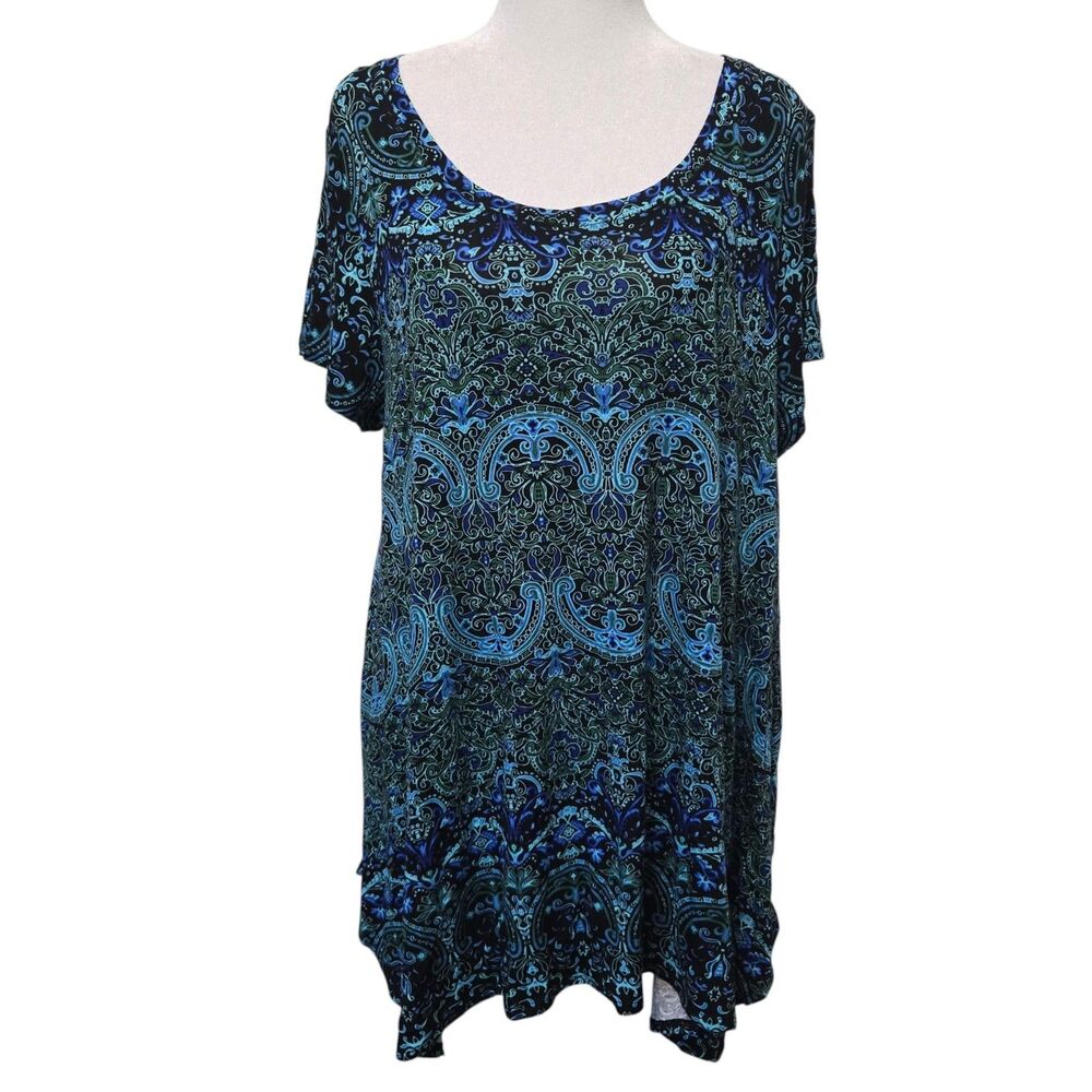 NWT Jones & Co New York 1X Blue Paisley Flowy Tunic Pointed Side Hem Plus Size